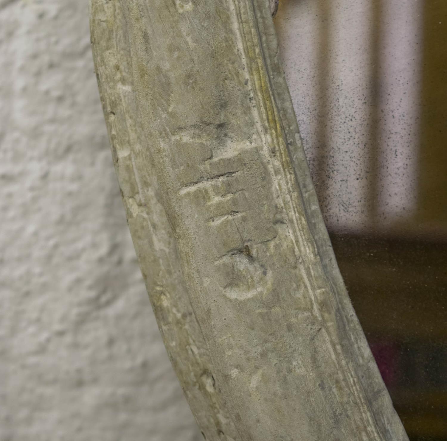 WALL MIRROR, Victorian white scratched wood and gesso framed with circular antiqued plate, 138cm D. - Image 2 of 3