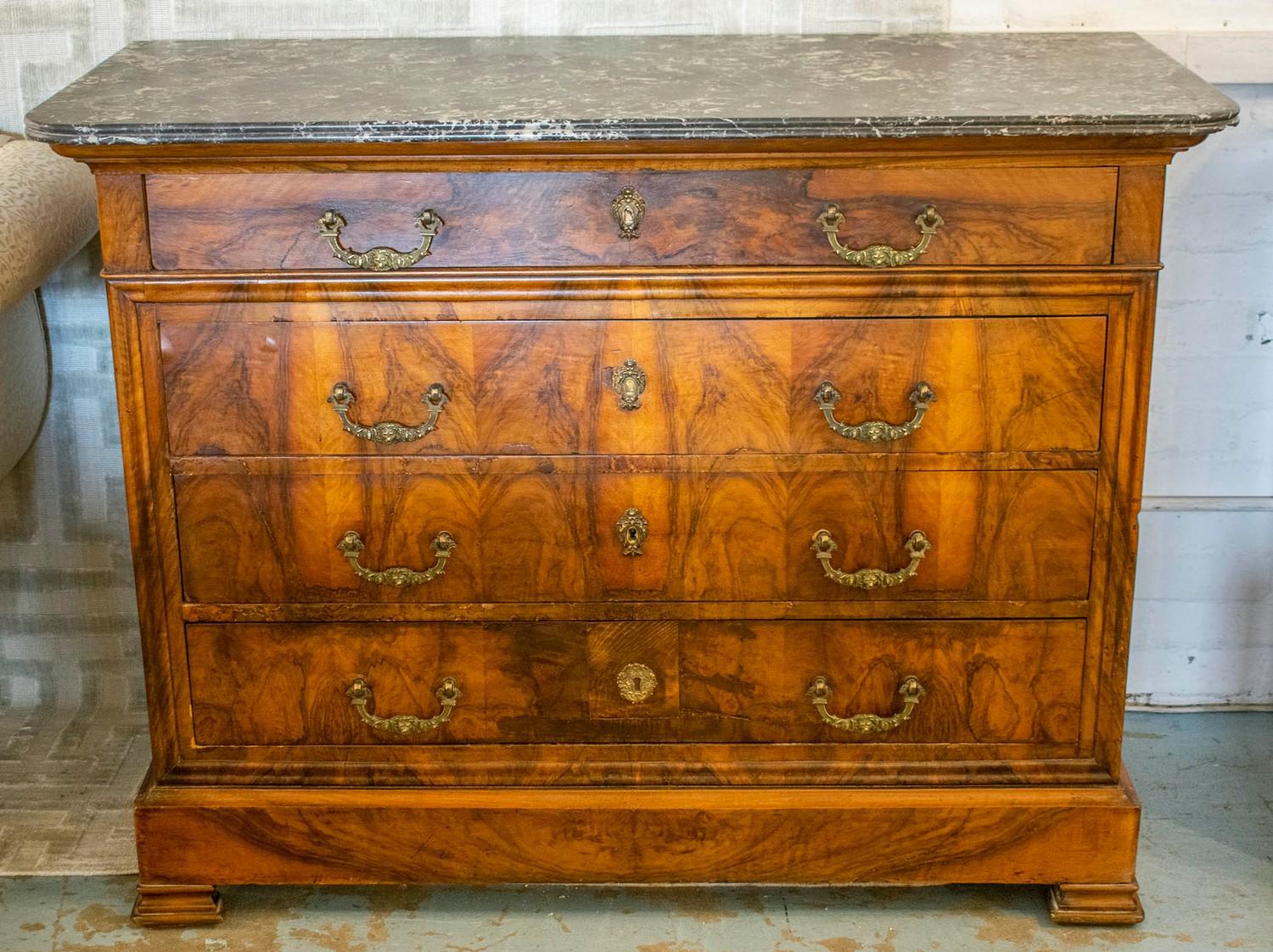 COMMODE, Napoleon III walnut, the grey marble top over four drawers, 131cm x 57cm x 101cm H. (