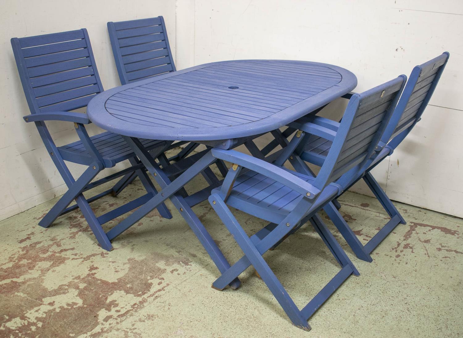 GARDEN SET, blue painted comprising a folding table 72cm H x 150cm x 90cm and a set of four