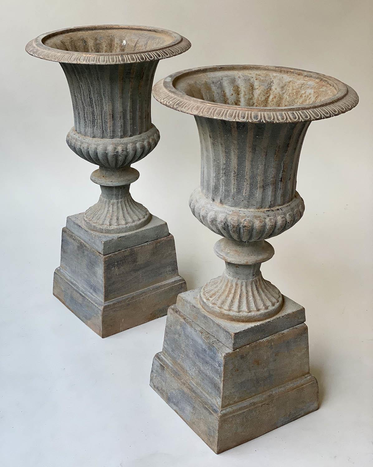 GARDEN URNS, a pair, vintage cast metal, egg and dart, fluted vase and raised plinth, 36cm x 67cm H. - Image 5 of 6