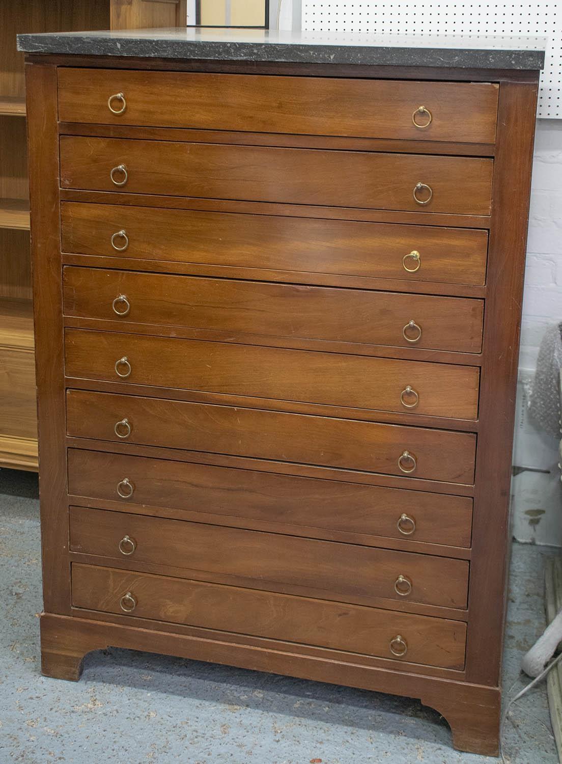 GAMES TABLE CHEST, 19th century French mahogany containing top drawer above eight removable card