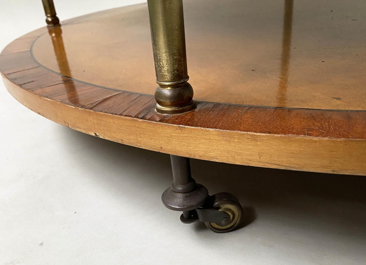 ETAGERE, Edwardian manner oval satinwood and rosewood crossbanded of two tiers with brass pillars - Image 4 of 8