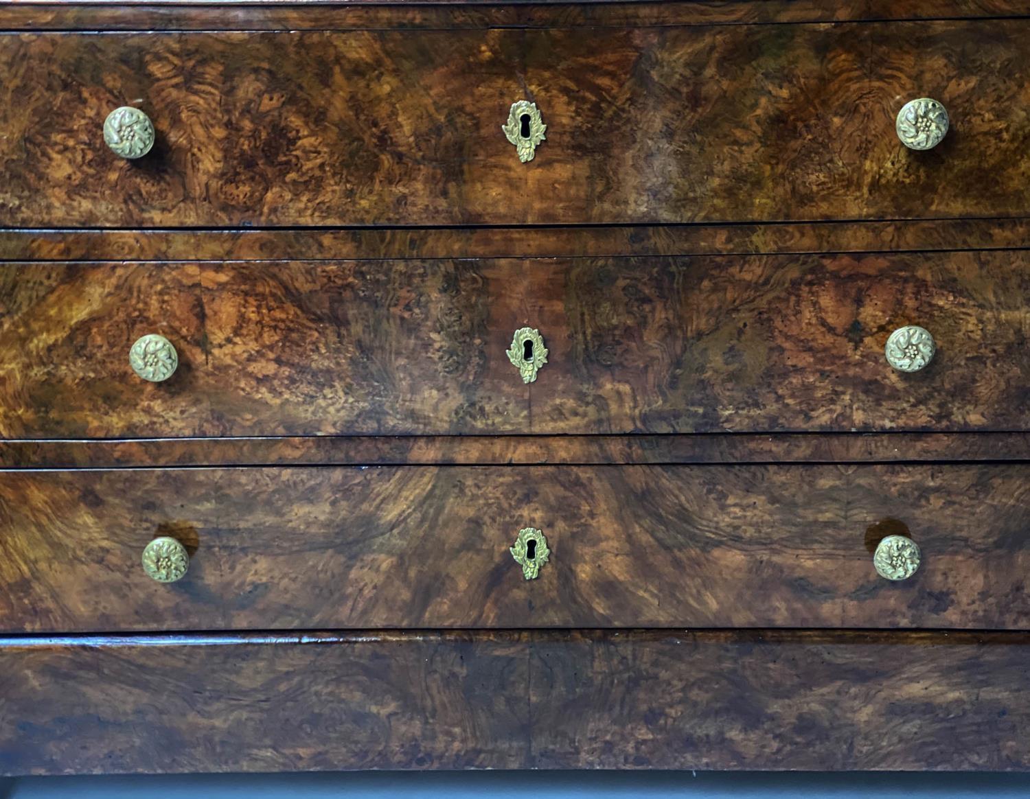 COMMODE, early 19th century French Charles X burr walnut with marble top above four long well - Image 5 of 9