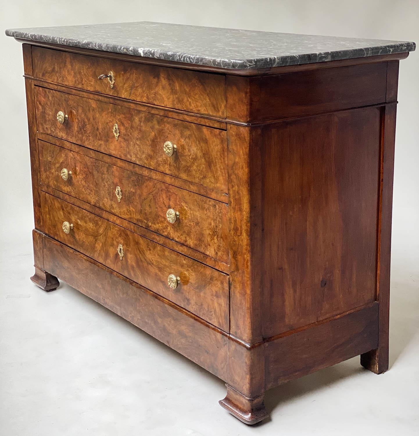 COMMODE, early 19th century French Charles X burr walnut with marble top above four long well - Image 2 of 9