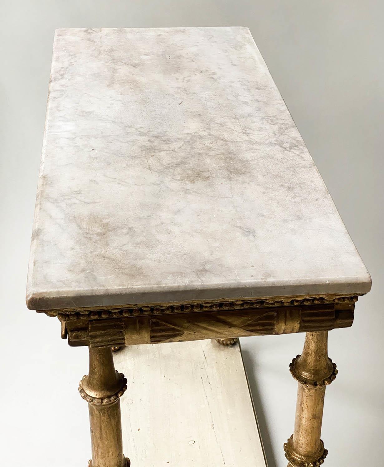 CONSOLE TABLE, early 19th century Italian giltwood with rectangular marble top above lappet and - Image 2 of 8