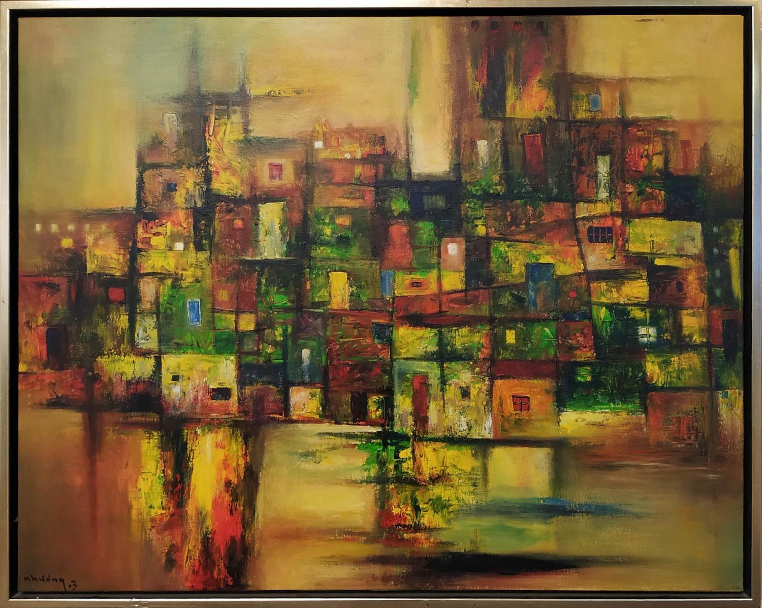 HUONG (Vietnam 20th/21st century) 'Town in Abstract form', oil on canvas, 69cm x 86cm, signed and
