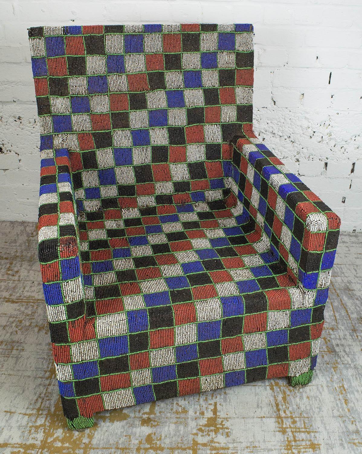 YORUBA BEADED THRONE CHAIR, Nigerian beads on palmwood, 95cm H x 75cm x 65cm. (some damage to