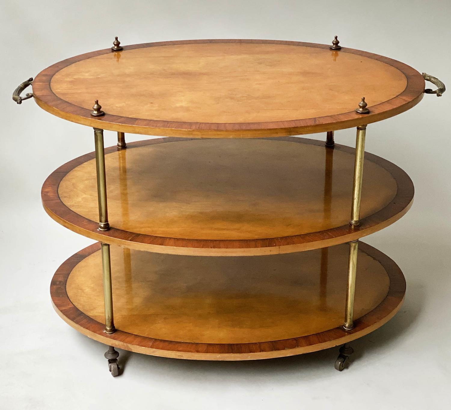 ETAGERE, Edwardian manner oval satinwood and rosewood crossbanded of two tiers with brass pillars