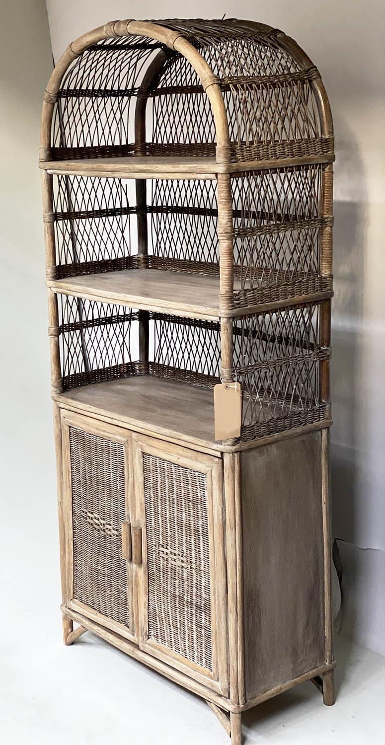 CANE BOOKCASE, rattan bamboo and cane bound with wicker panels each arched with shelves and - Image 8 of 8