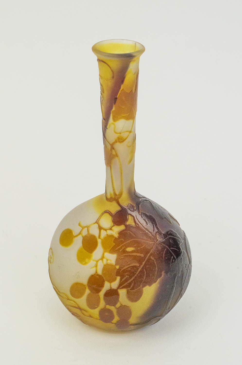 BANJO VASE, Emile Galle cameo glass, grape vine design, 18cm H.