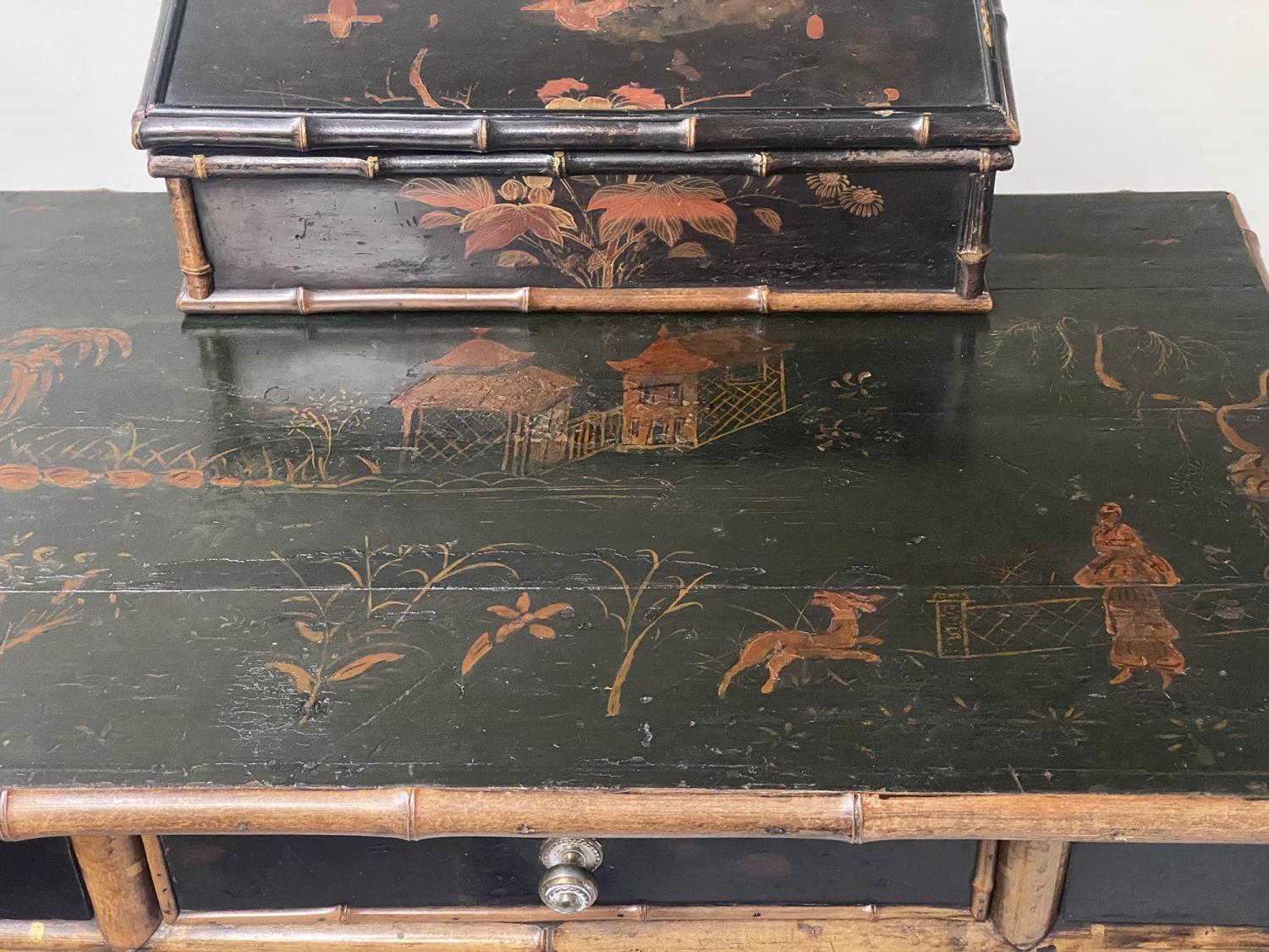 WRITING TABLE, 19th century Japanese bamboo and black lacquer panelled with rising lid stationery - Image 9 of 9