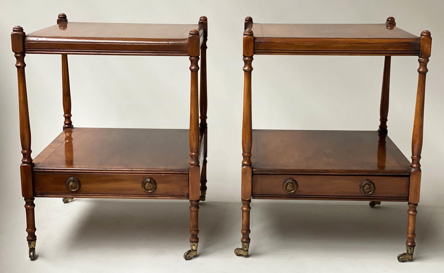 LAMP TABLES, a pair, George III style yewwood of two tiers, each with drawer, 45cm x 45cm x 60cm - Image 2 of 6