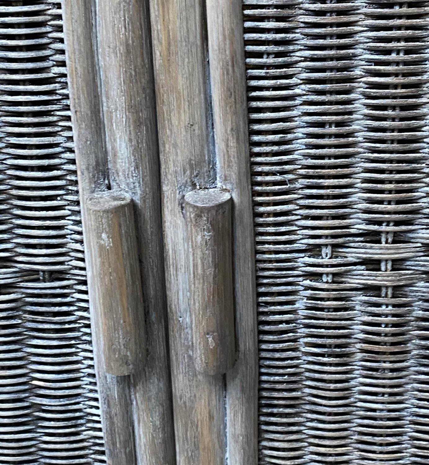 CANE BOOKCASE, rattan bamboo and cane bound with wicker panels each arched with shelves and - Image 3 of 8