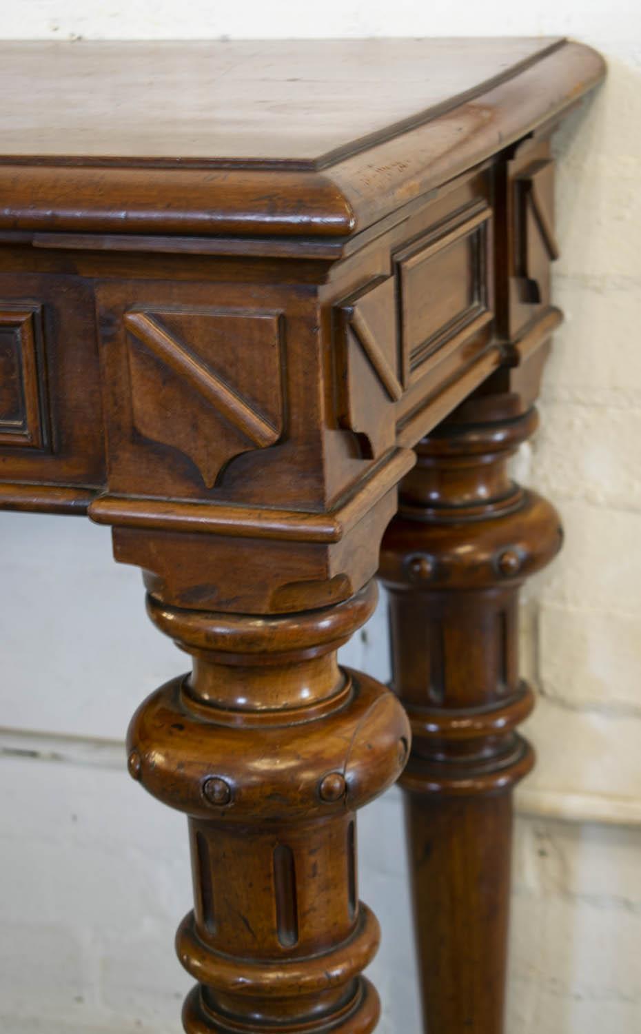 SIDE TABLE, Victorian mahogany, circa 1850 with shield moulded frieze on turned legs, adapted drawer - Image 2 of 4