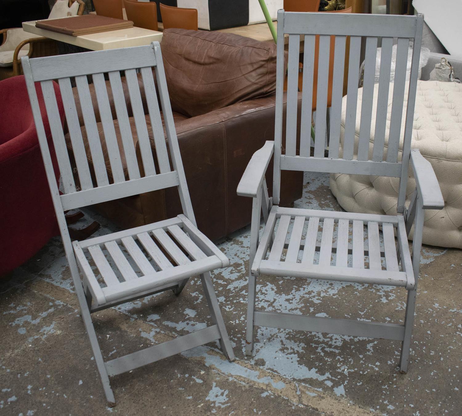 GARDEN DINING SET, distressed grey painted teak table, circular and folding, 74cm H x 150cm with - Image 3 of 3