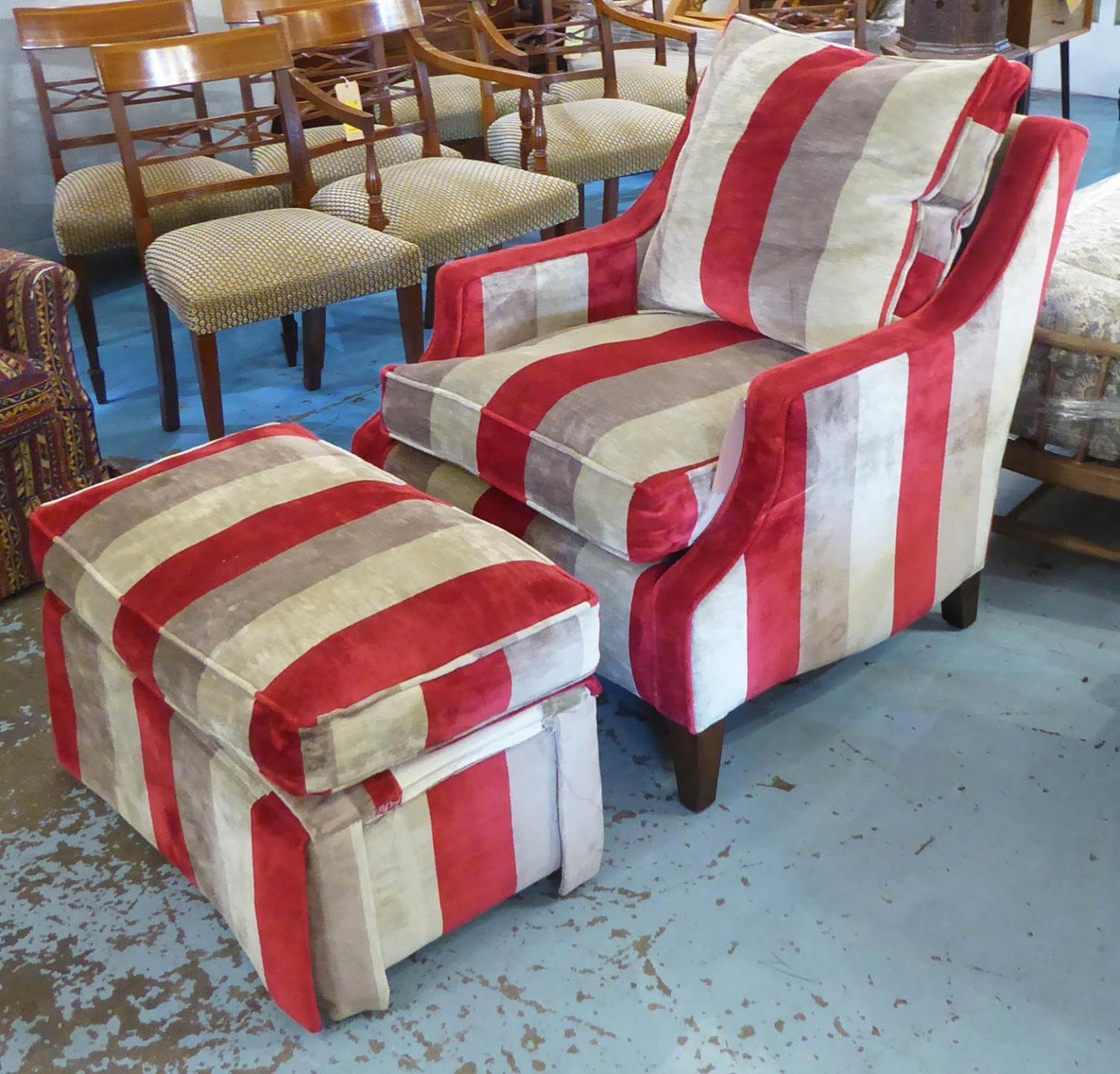 DAVID SEYFRIED ARMCHAIR, with red, beige and brown striped upholstery, 81cm W x 85cm H and a