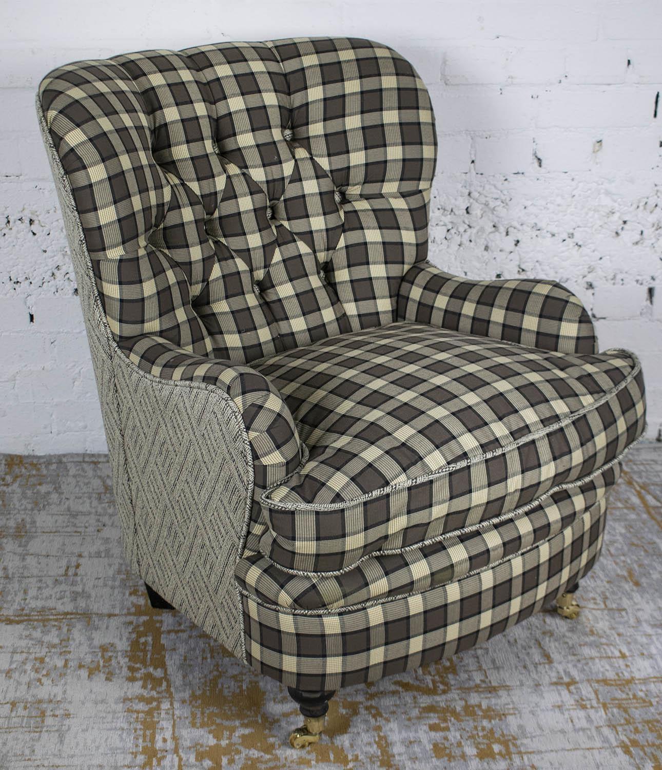 ARMCHAIR, grey check upholstered with cushion seat, 84cm H x 69cm x 81cm.