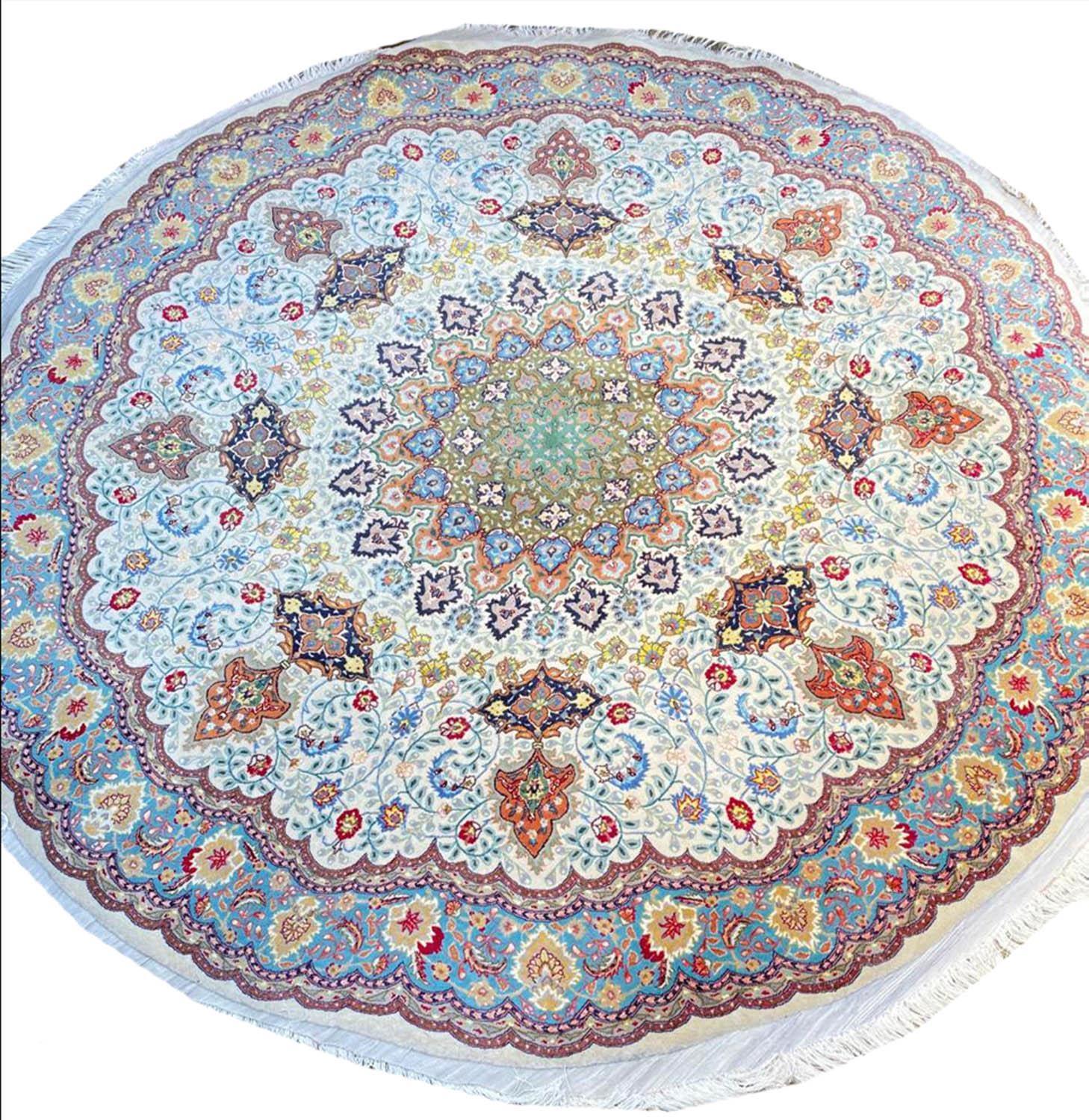 FINE PART SILK PERSIAN TABRIZ CIRCULAR RUG, 205cm.