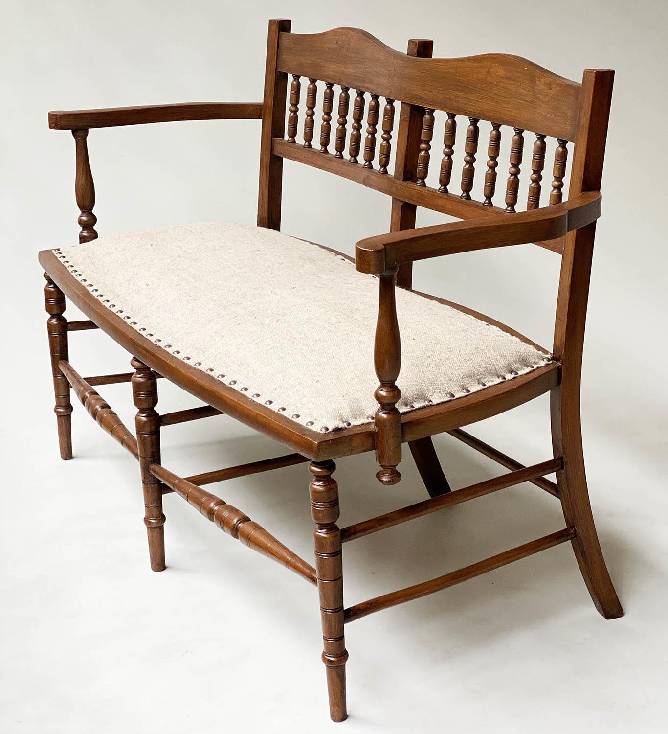 HALL BENCH, early 20th century English studded upholstered seat and turned back and supports, - Image 3 of 6