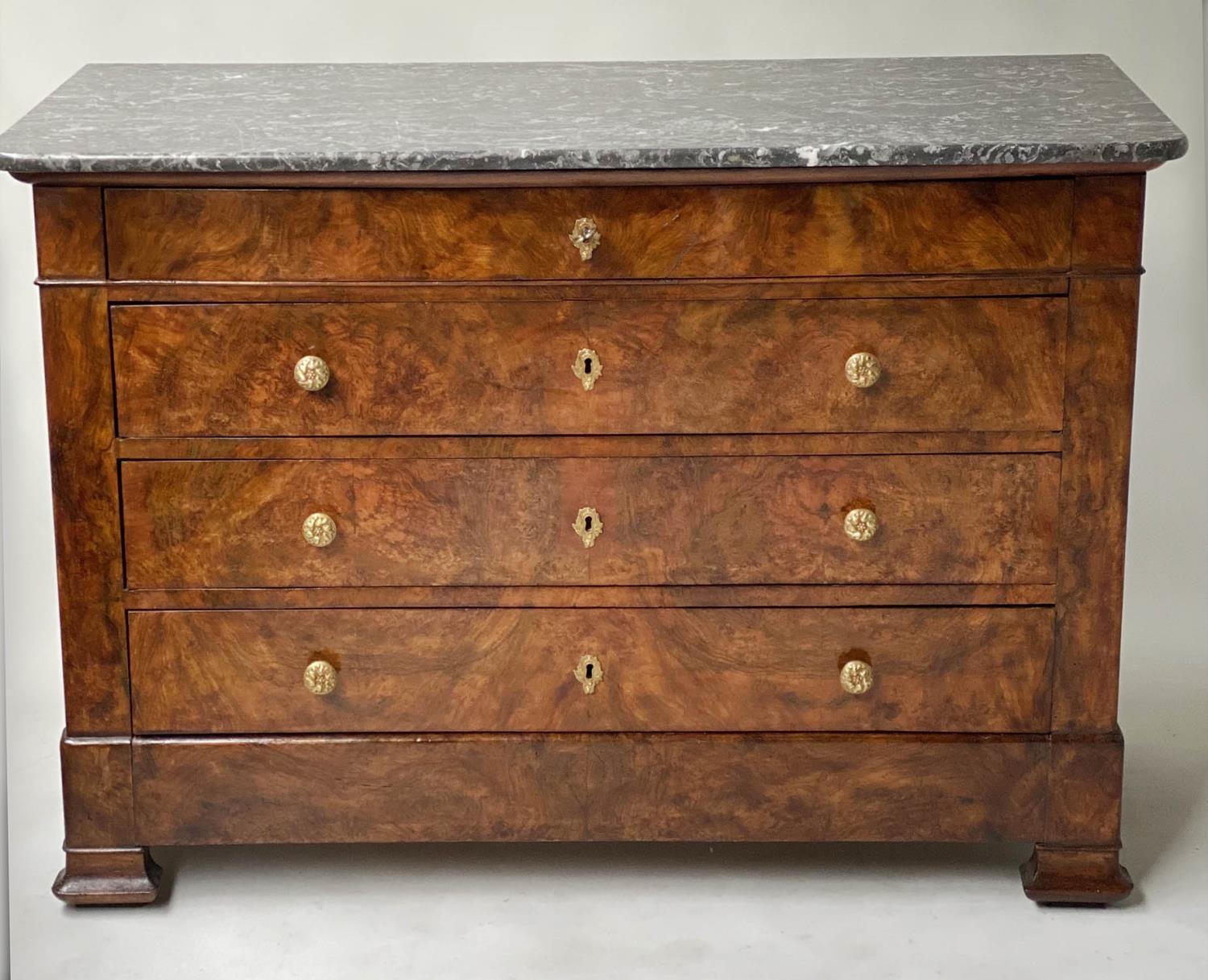 COMMODE, early 19th century French Charles X burr walnut with marble top above four long well