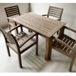 GARDEN TABLE AND ARMCHAIRS, a set of four, weathered teak and slatted with a rectangular teak table,