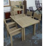 GARDEN TABLE, distressed painted teak 153cm L x 90cm and six armchairs 62cm W. (7)