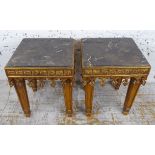 SIDE TABLES, a pair, marble tops on gilt bases, each 42cm W x 42cm D x 52cm H. (2)