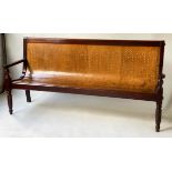 WAITING ROOM BENCH, Victorian mahogany with pierced fruitwood plywood seat and turned front