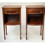 BEDSIDE/LAMP TABLES, a pair, George III style mahogany and boxwood strung, each bow fronted with