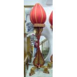 STANDING LAMP, Chinese, red and gilt decorated with ovoid silk shade, 215cm H x 63cm W x 200cm D.
