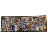 INDIAN CREMELWORK WALL HANGING, 20th century, depicting village life, 175cm x 60cm.