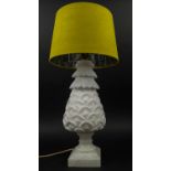 TABLE LAMP, carved alabaster, conical form with pine cone adorned decoration, converted from