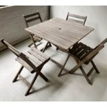 GARDEN SET, including garden table, square weathered teak together with four folding treated pine