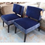 LOUNGE CHAIRS, a pair, blue velvet with contrasting fabric detail with ebonised frame, 55cm W. (2)