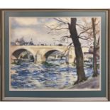 20TH CENTURY FRENCH SCHOOL 'Seine River View, Paris', watercolour, indistinctly signed and dated,