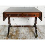 SOFA TABLE, Regency design mahogany and boxwood inlay with two frieze drawers and stretchered