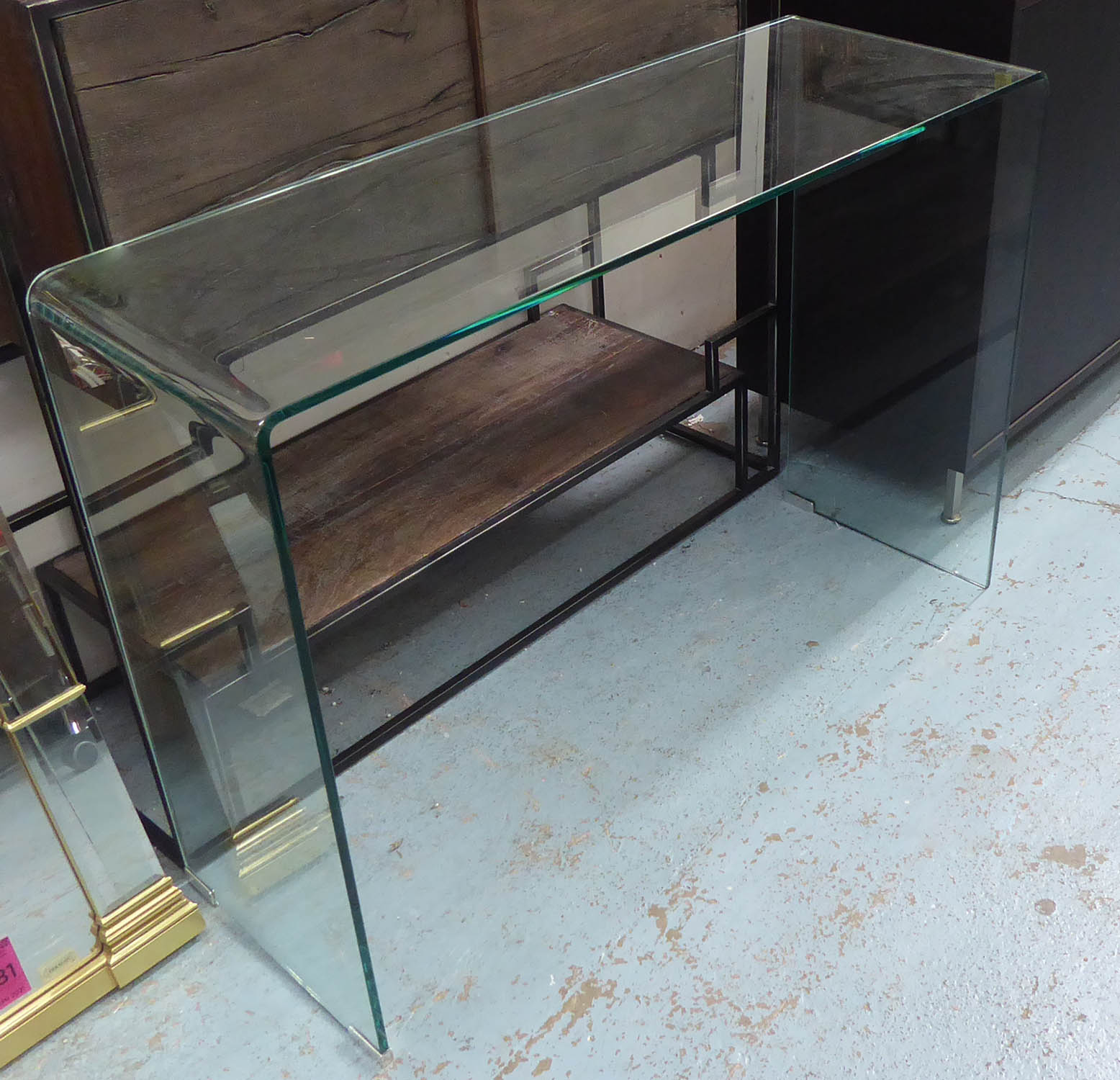 CONSOLE TABLE, contemporary formed glass, 112.5cm L x 38cm W x 79cm H.