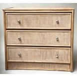 CANE CHEST, bamboo and cane panelled with three long drawers and silvered handles, 79cm W x 45cm D x