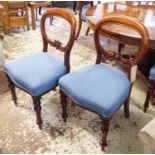 DINING CHAIRS, a set of six, Victorian mahogany with blue stuffover seats, 88cm H x 49cm. (6)