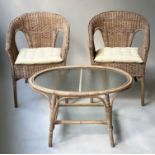 CONSERVATORY ARMCHAIRS, a pair, vintage bamboo, wicker panelled and cane bound together with an oval