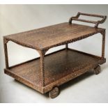 TROLLEY, teak and mother of pearl inset, two tiers, handle and wheels, 152cm x 82cm x 86cm H.