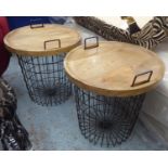 LOG BASKETS, a pair, wire work design, with wooden tray tops, 60cm H x 56cm Diam. (2)