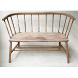 HALL BENCH, 1970's elm in the manner of Ercol with spindle back, 103cm W and stretchered splay