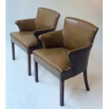 BRIDGE ARMCHAIRS, a pair mid 20th century hand finished brass studded light brown leather, 61cm