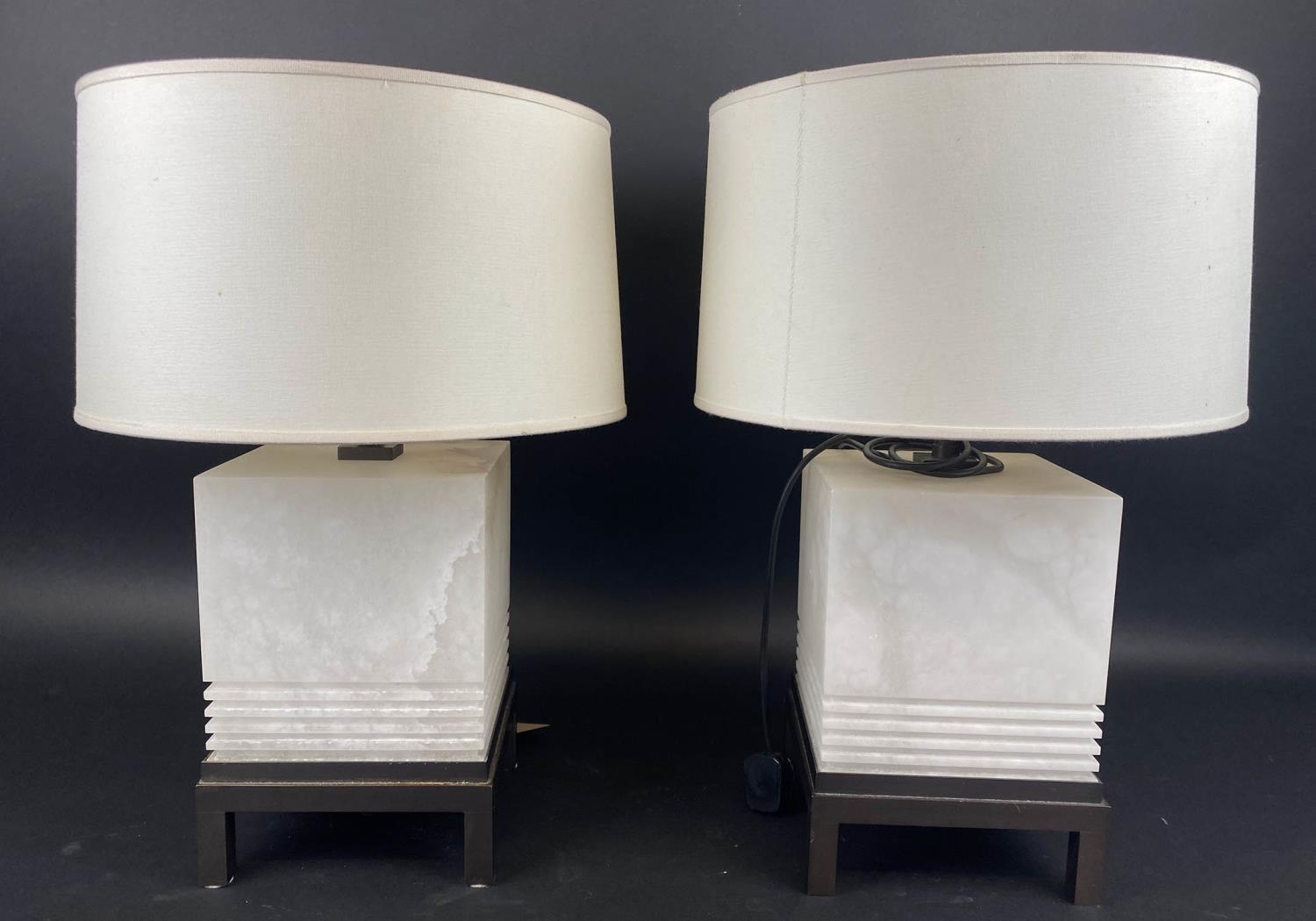 BAKER FURNITURE TEA POY TABLE LAMPS, a pair, by Bill Sofield, alabaster, with shades, 56cm H approx.