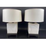 BAKER FURNITURE TEA POY TABLE LAMPS, a pair, by Bill Sofield, alabaster, with shades, 56cm H approx.