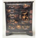 MEIJI CABINET, Meiji period black lacquered and gilt with drawers and door, 26cm W x 30cm H x 13cm