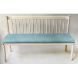 SWEDISH BENCH BY HAGA H. FORS, early 20th century, painted with blue linen seat, 129cm W.