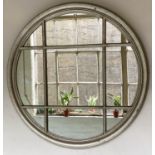CIRCULAR WALL MIRROR, circular silvered wood with aged finish moulded fame and window pane, 100cm W.