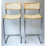 MARCEL BREUER INSPIRED CESSCA STYLE BAR STOOLS, a pair, after Marcel Breuer-Cesca style, cane